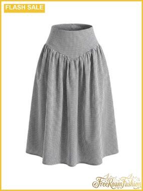 Gingham Plaid Midi Skirt High Waisted A-Line Long Cotton Blend Fall Outfit
